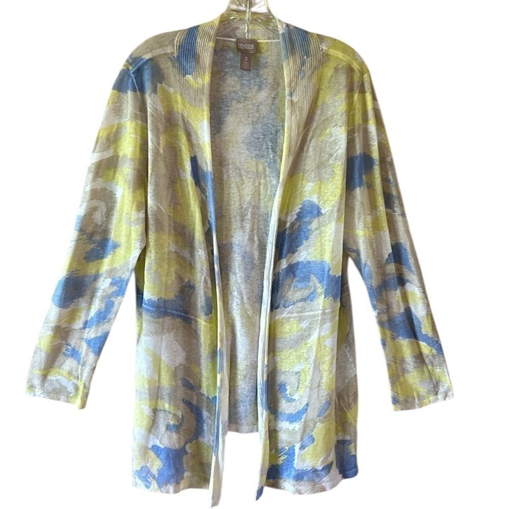 Chico's Blue and Yellow Linen Lightweight Cardigan